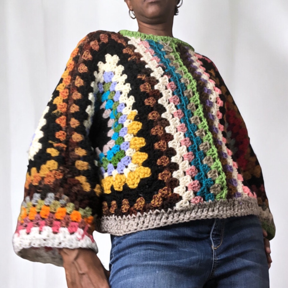 Multi-Color Artisan Cropped Pullover Bohemian Style Sweater - Picture 12 of 14